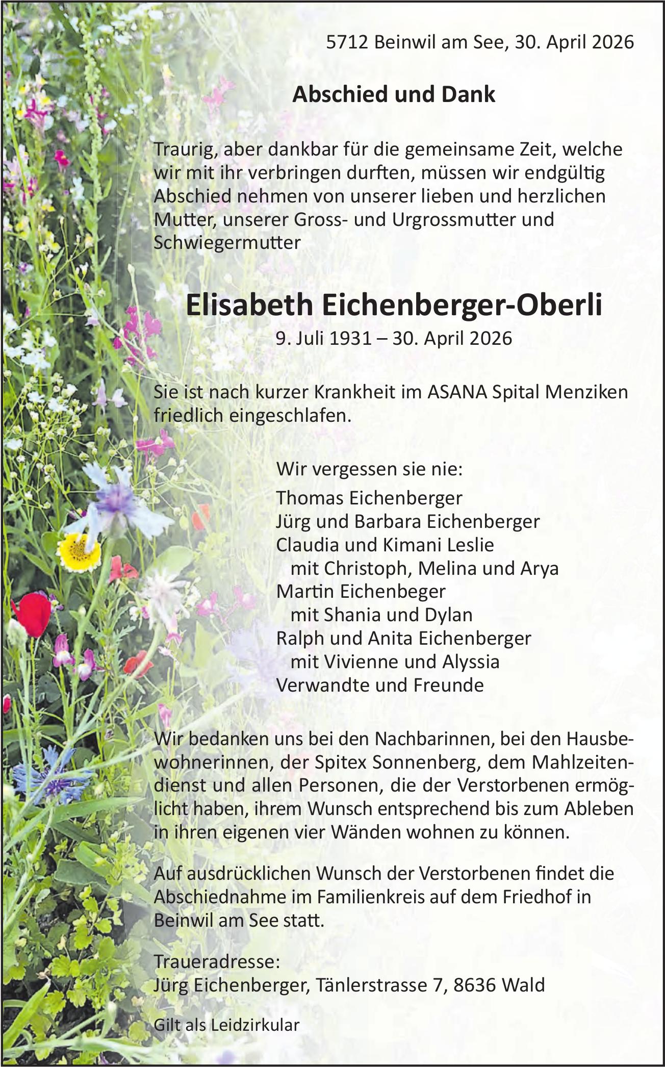 Eichenberger-Oberli Elisabeth, im Mai 2026 / DS