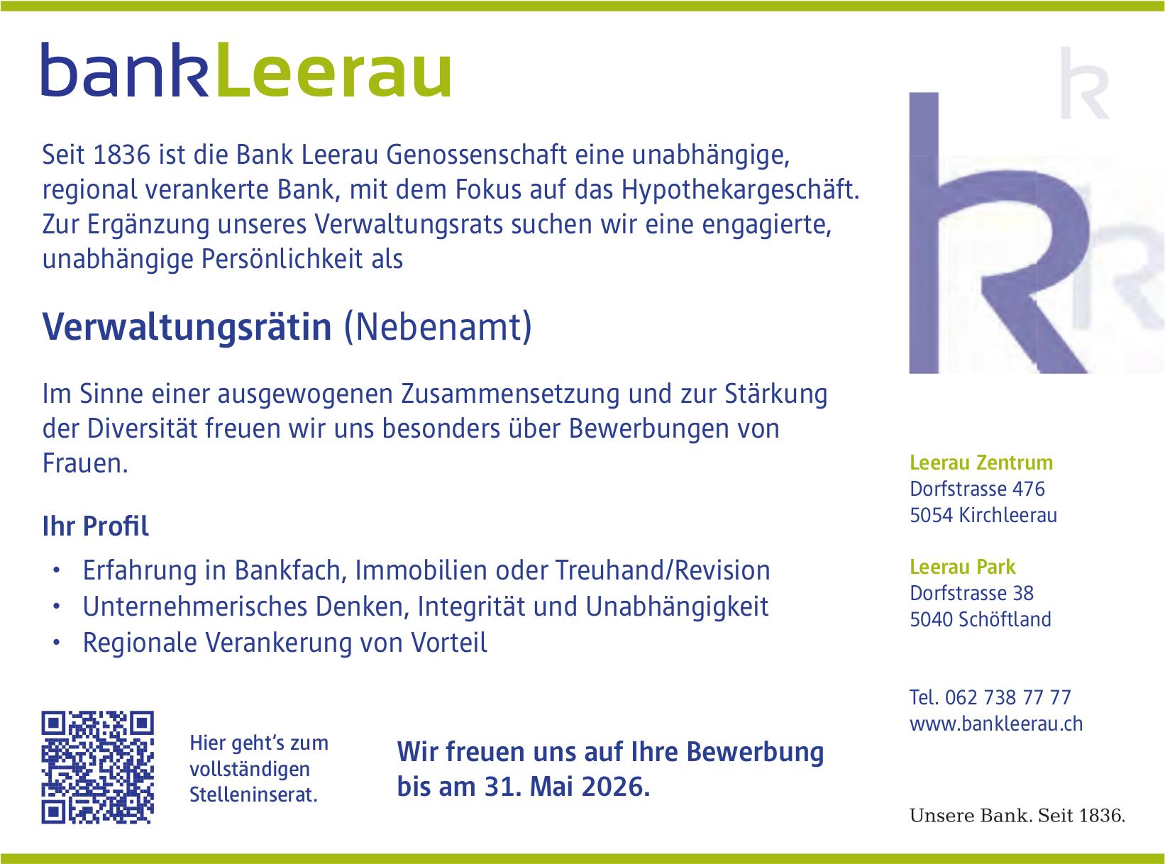 Verwaltungsrätin (Nebenamt), bankLeerau, Kirchleerau, Gesucht