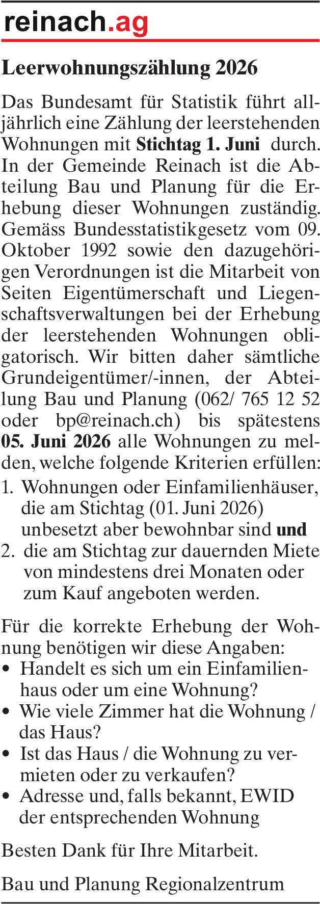 Sonstiges, reinach.ag, Leerwohnungszählung 2026