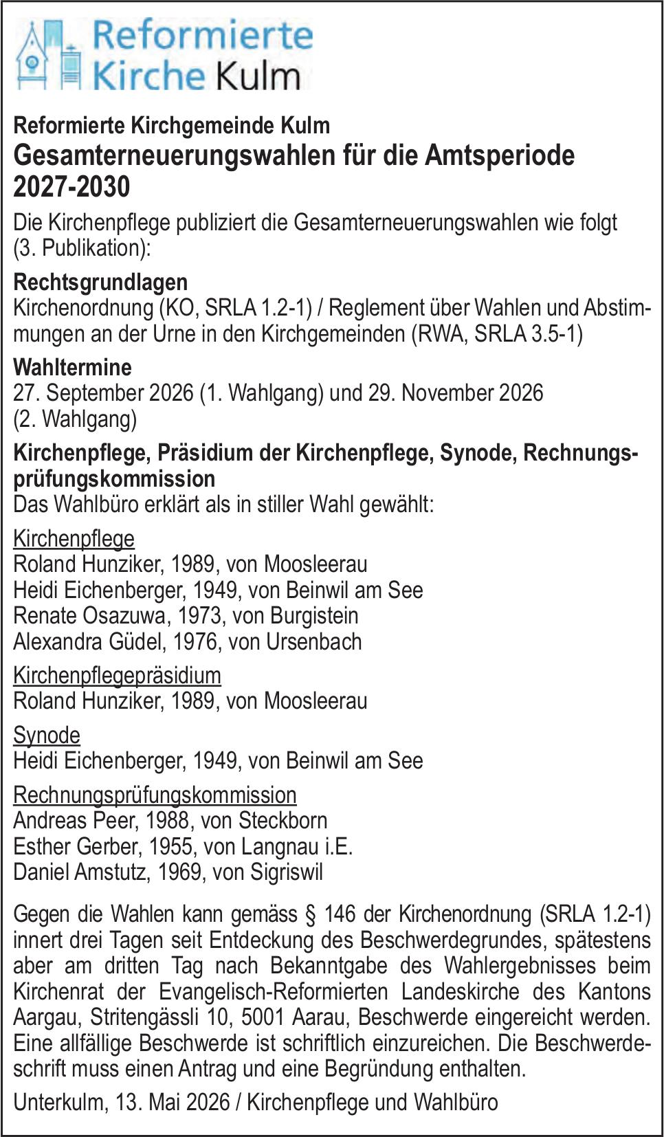 Wahlen & Abstimmungen, Aarau - Reformierte Kirchgemeinde Kulm, Gesamterneuerungswahlen für die Amtsperiode 2027-2030