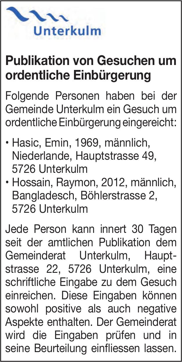 Sonstiges, Unterkulm, Publikation von Gesuchen um ordentliche Einbürgerung