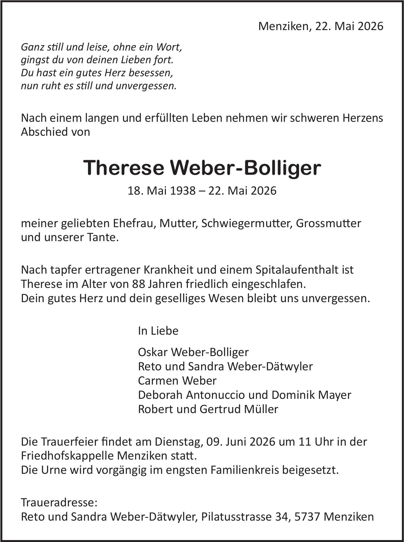 Weber-Bolliger Therese, Mai 2026 / TA