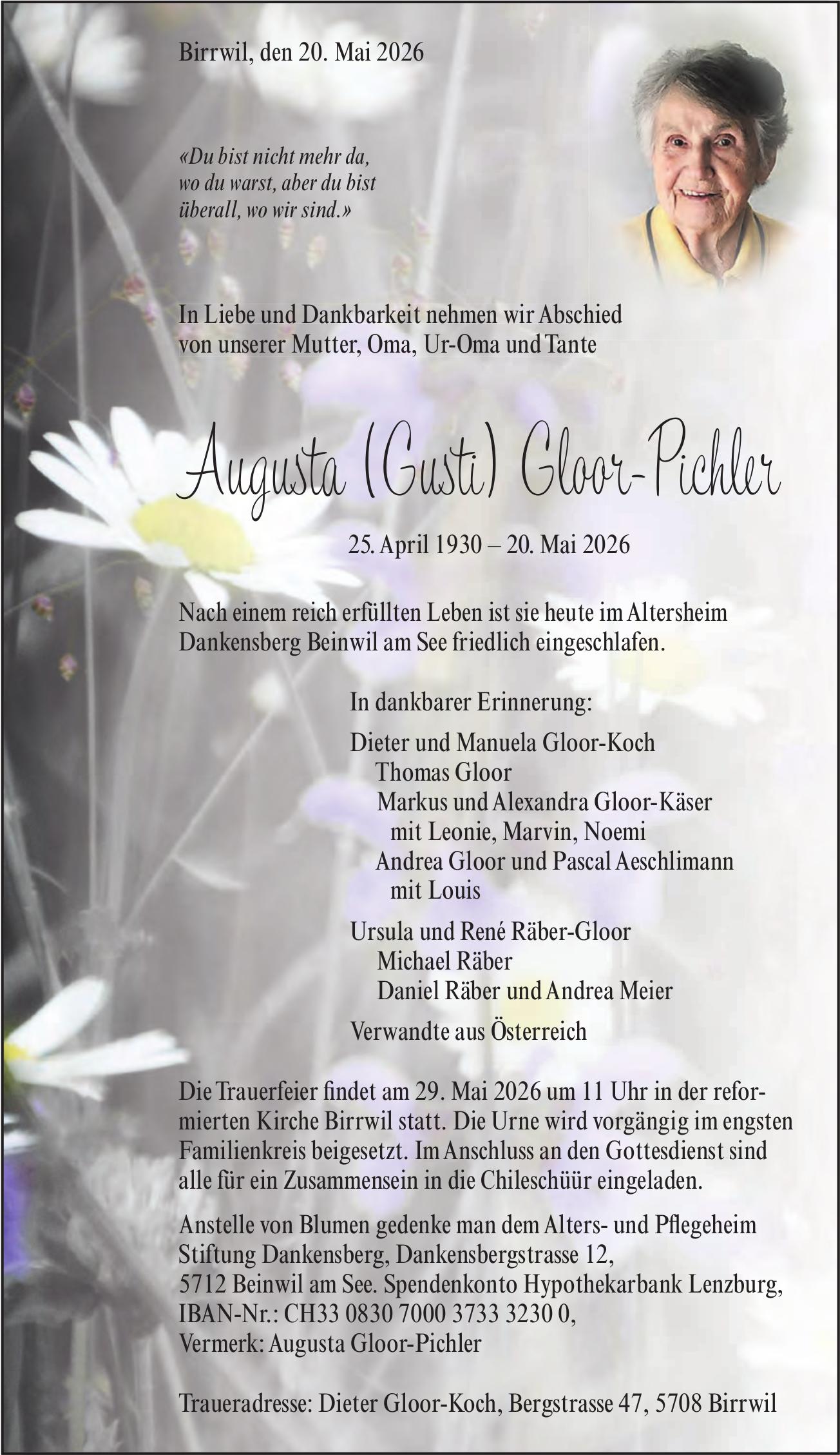 Gloor-Pichler Augusta (Gusti), Mai 2026 / TA