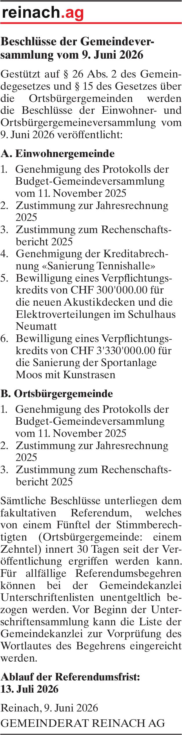 Lokale Gemeinschaft, Reinach - GEMEINDERAT REINACH AG, Beschlüsse der Gemeindeversammlung vom 9. Juni 2026