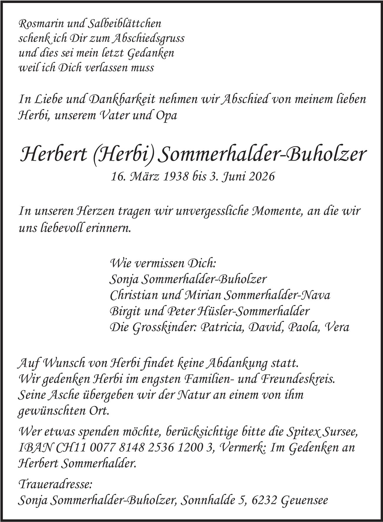 Sommerhalder-Buholzer Herbert (Herbi), Juni 2026 / TA