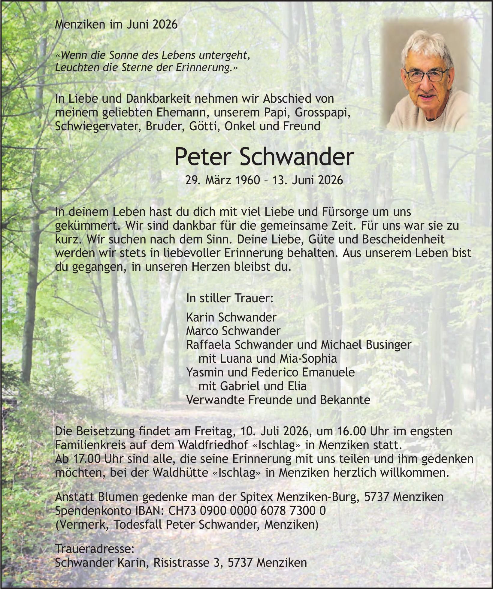 Schwander Peter, Juni 2026 / TA