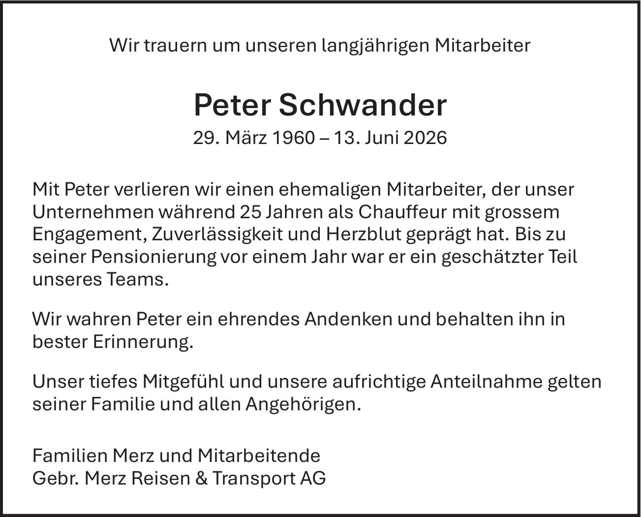 Schwander Peter, Juni 2026 / TA