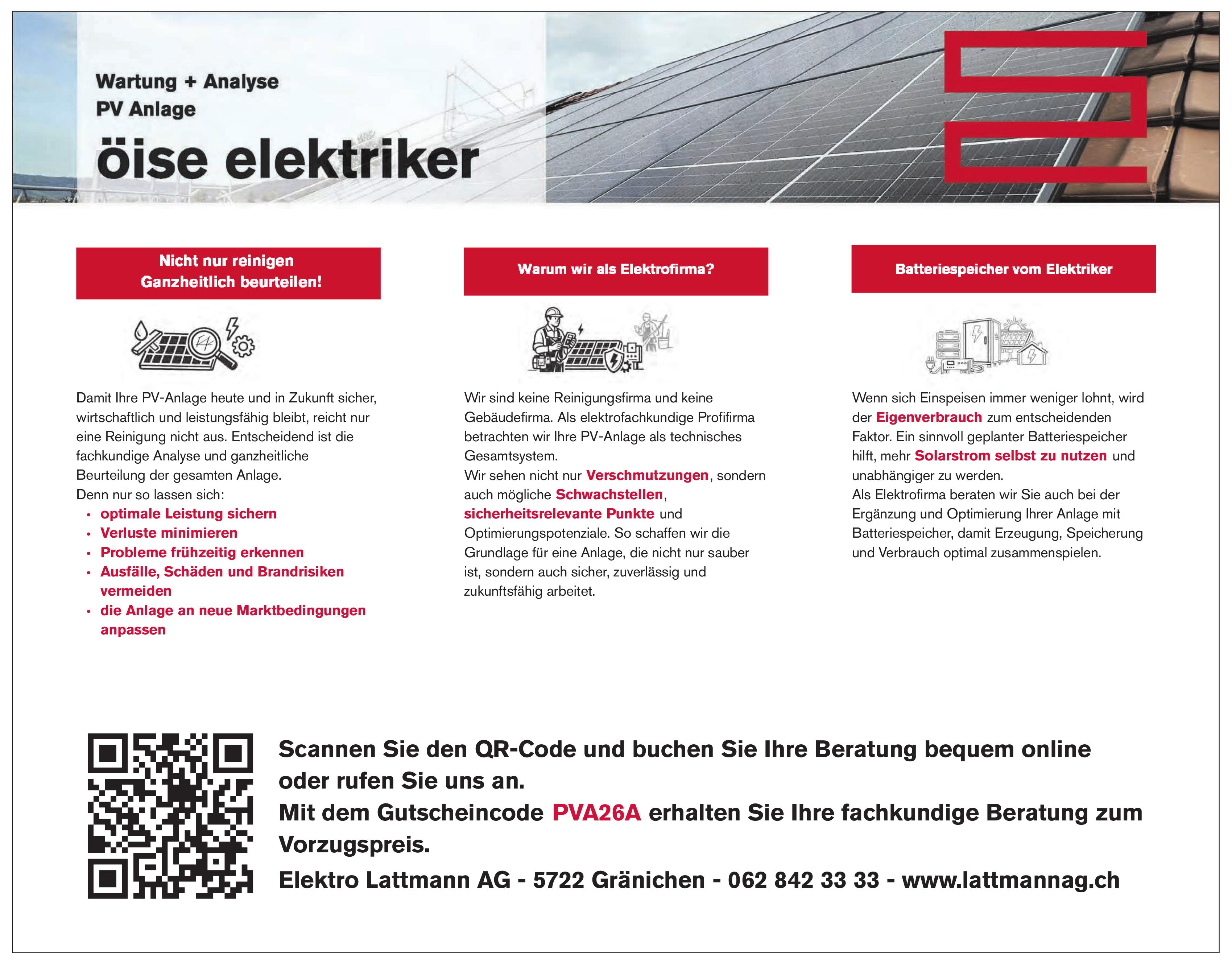 Elektro Lattmann AG, Gränichen - Wartung+Analyse PV Anlage