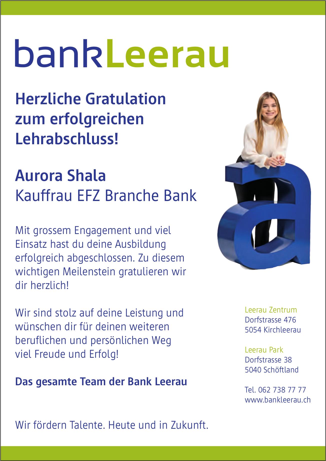 Bank Leerau, Kirchleerau - Herzliche Gratulation zum erfolgreichen Lehrabschluss!