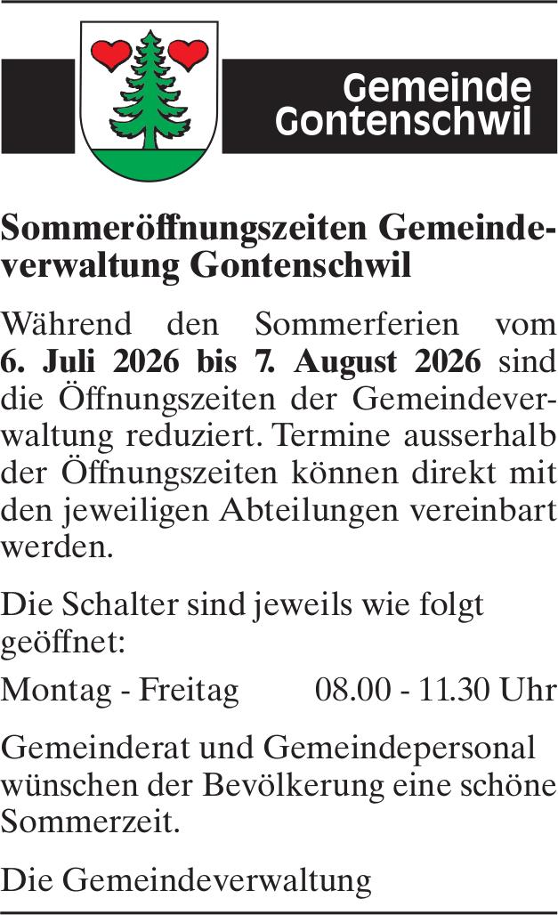 Lokale Gemeinschaft, Gemeinde Gontenschwil, Sommeröffnungszeiten Gemeindeverwaltung Gontenschwil