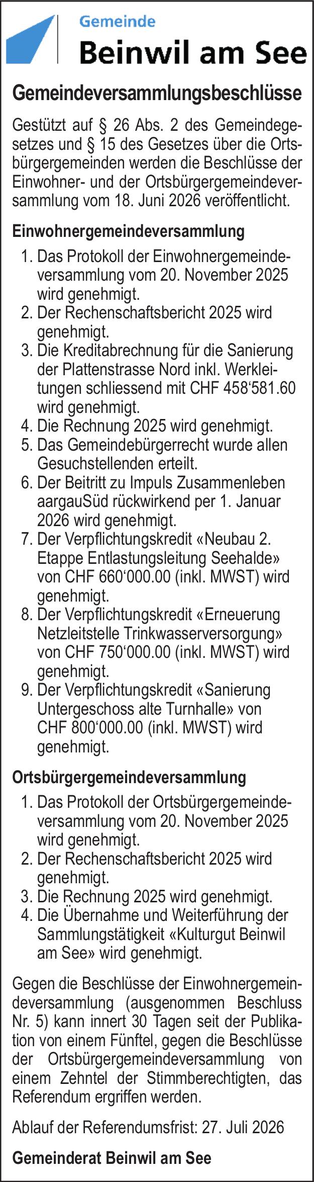 Lokale Gemeinschaft, Gemeinde Beinwil am See, Gemeindeversammlungsbeschlüsse