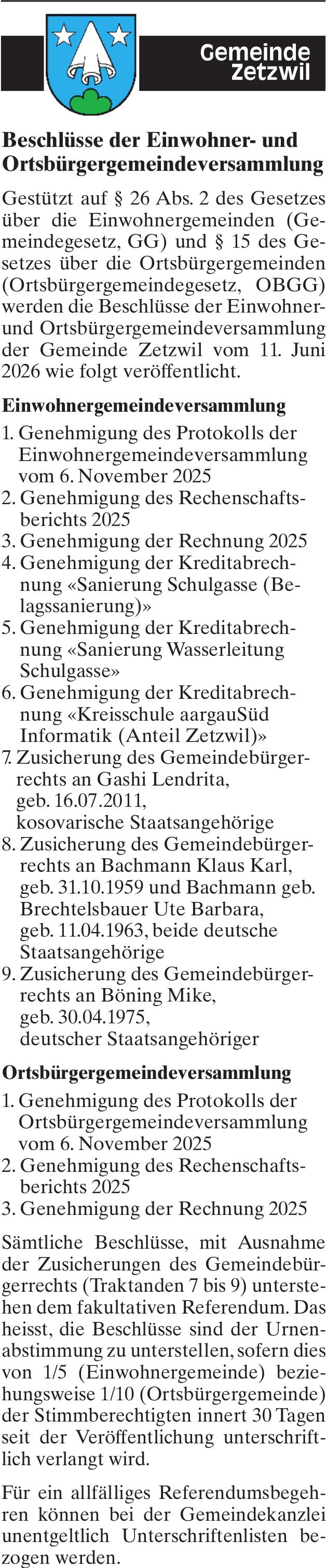 Lokale Gemeinschaft, Gemeinde Zetzwil, Beschlüsse der Einwohner- und Ortsbürgergemeindeversammlung