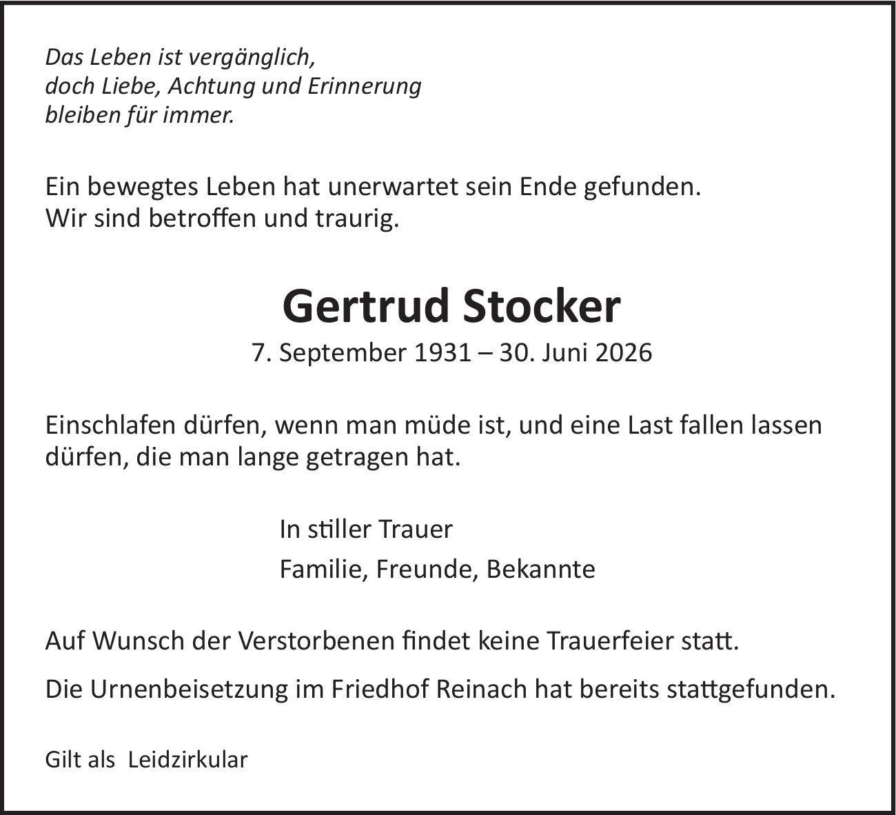 Stocker Gertrud, Juni 2026 / TA