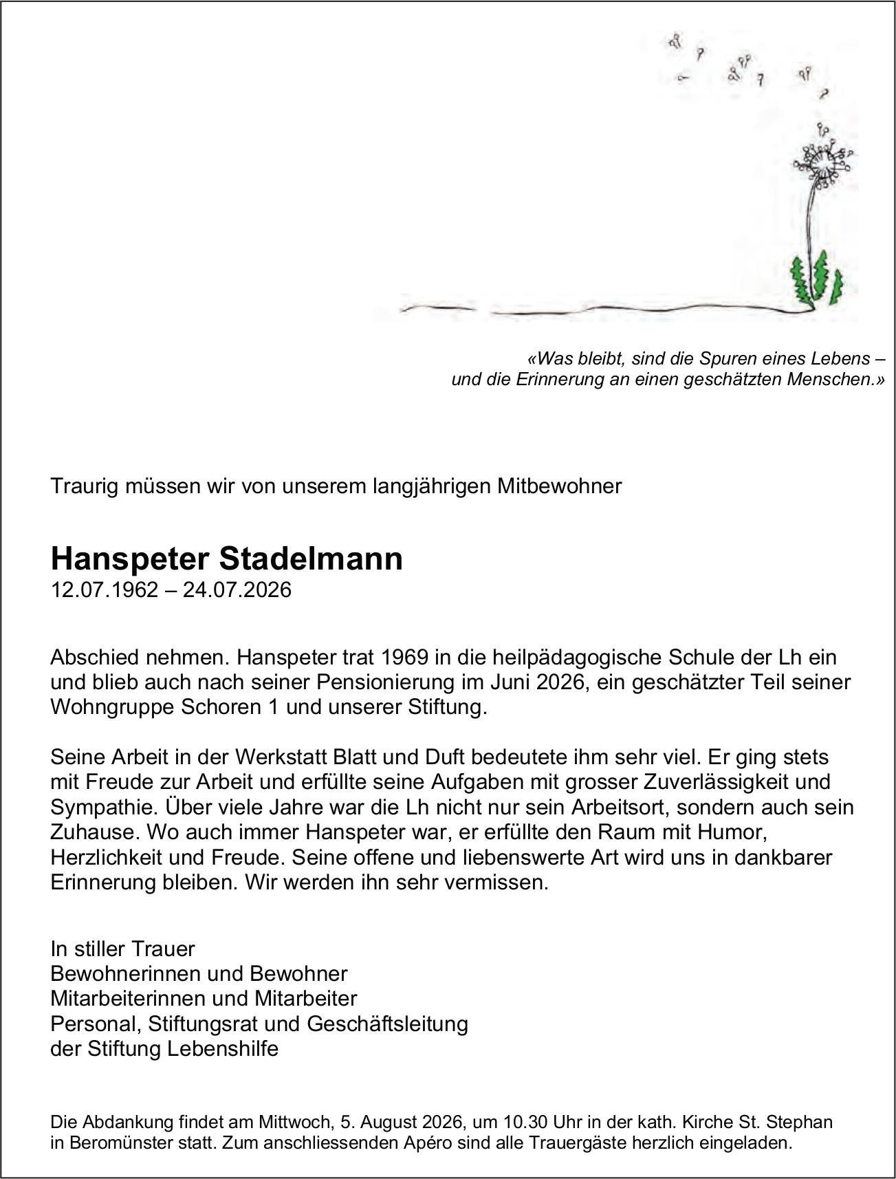 Stadelmann Hanspeter, Juli 2026 / TA