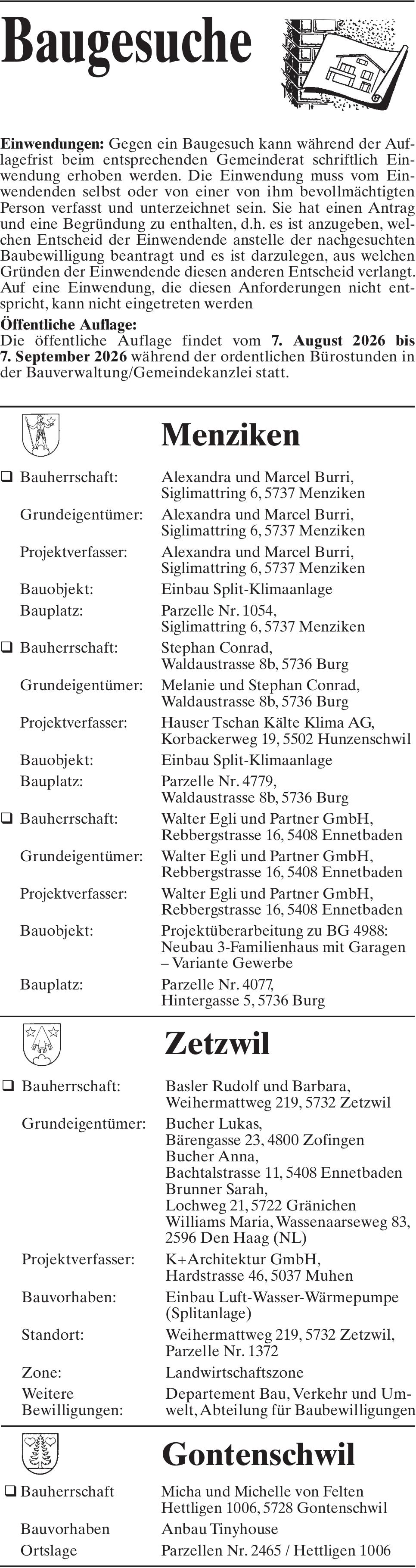 Baugesuche, Menziken, Zetzwil,  Gontenschwil