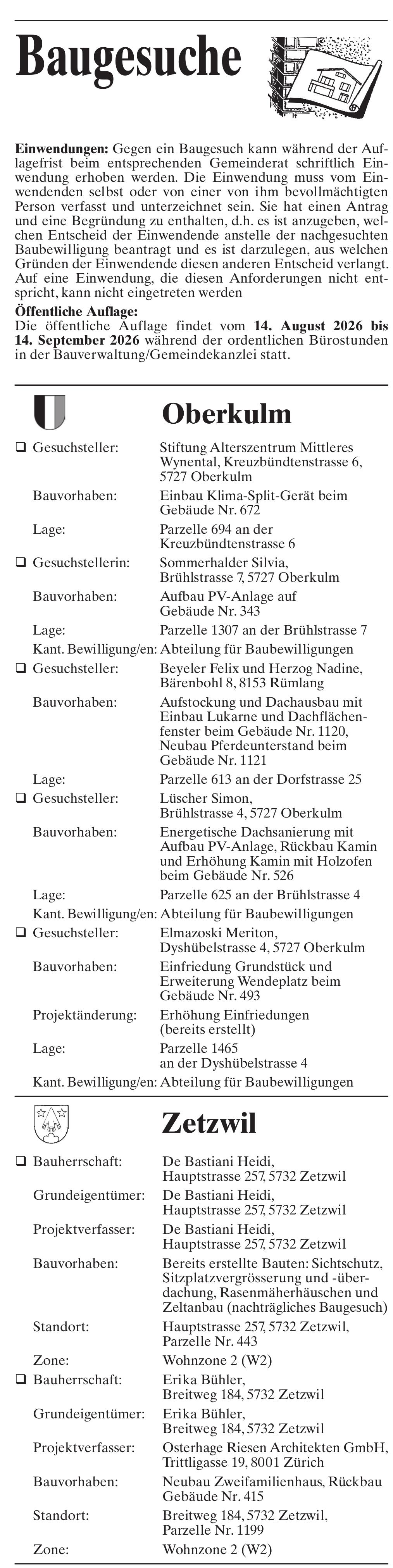 Baugesuche, Oberkulm/Zetwil