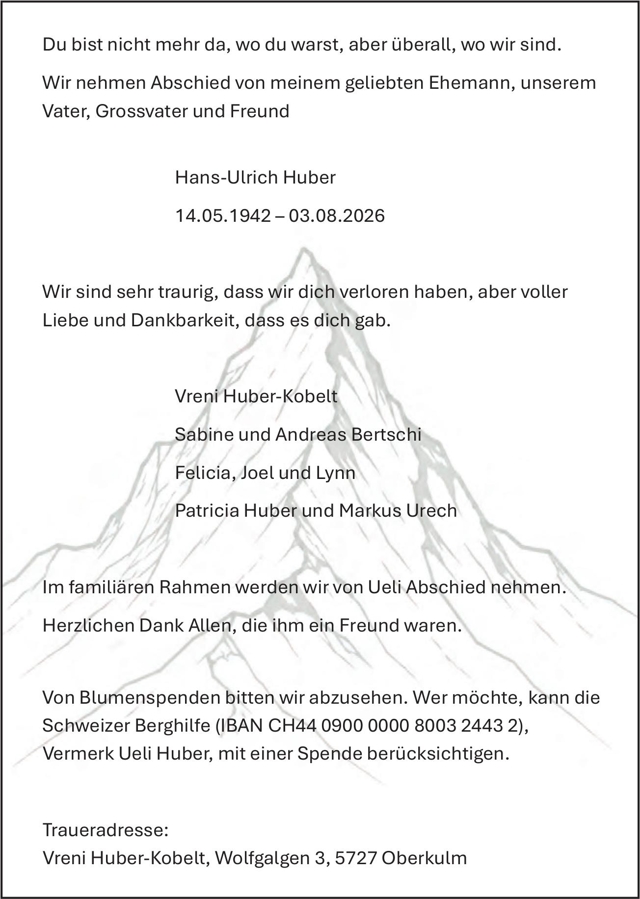 Huber Hans-Ulrich, August 2026 / TA