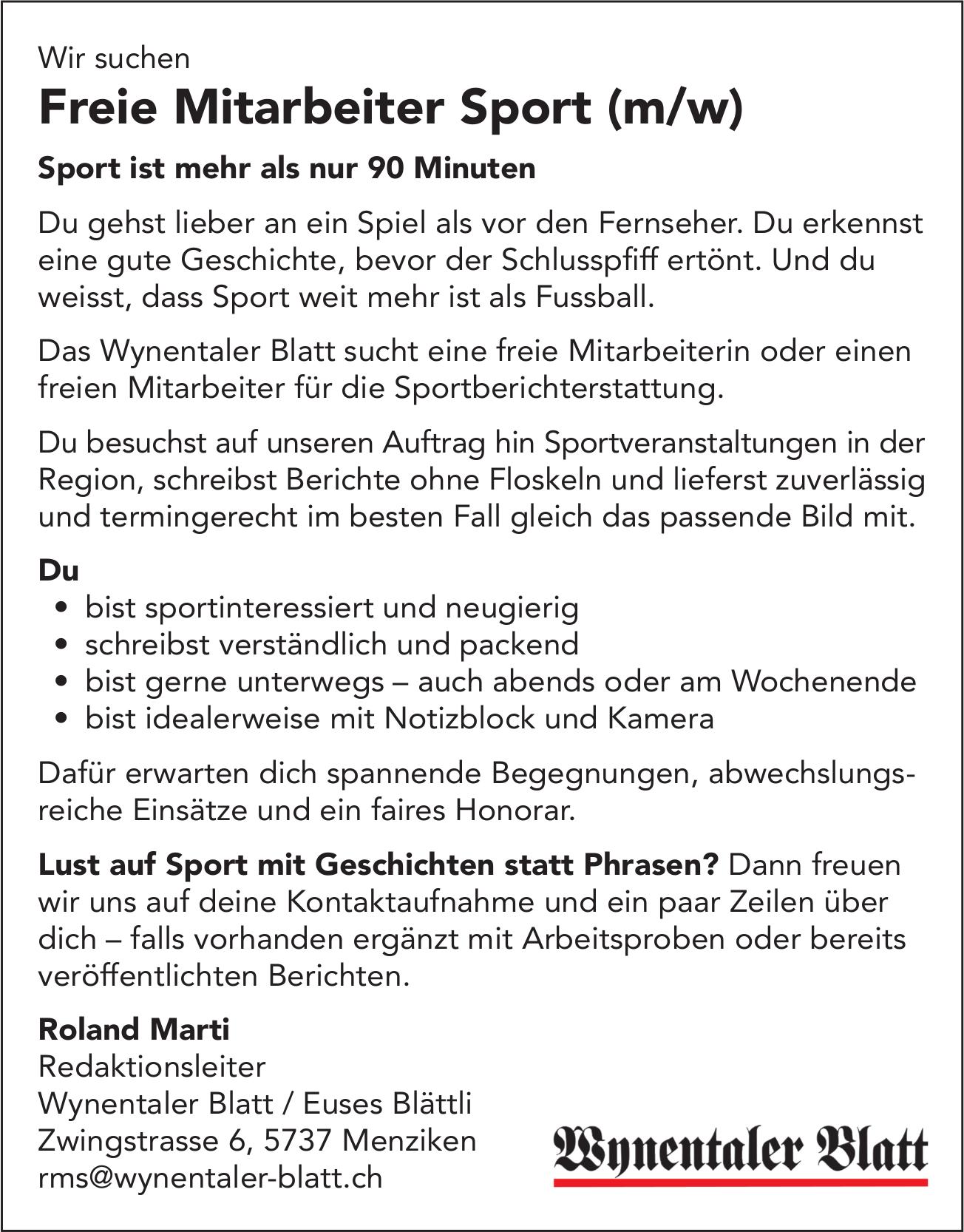 Freie Mitarbeiter Sport (m/w), Wynentaler Blatt, Menziken, Gesucht