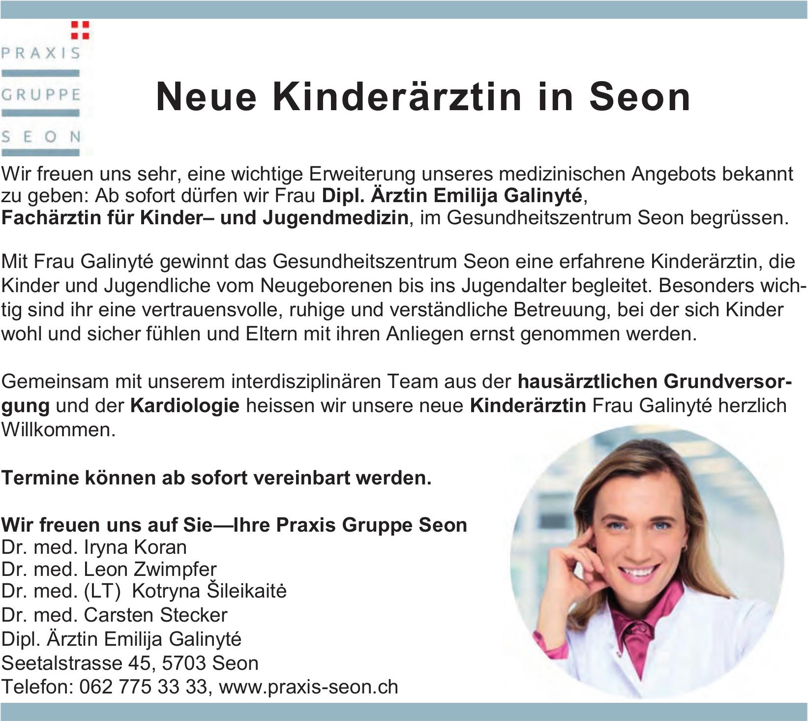 Praxis Gruppe Seon, Termine können ab sofort vereinbart werden.