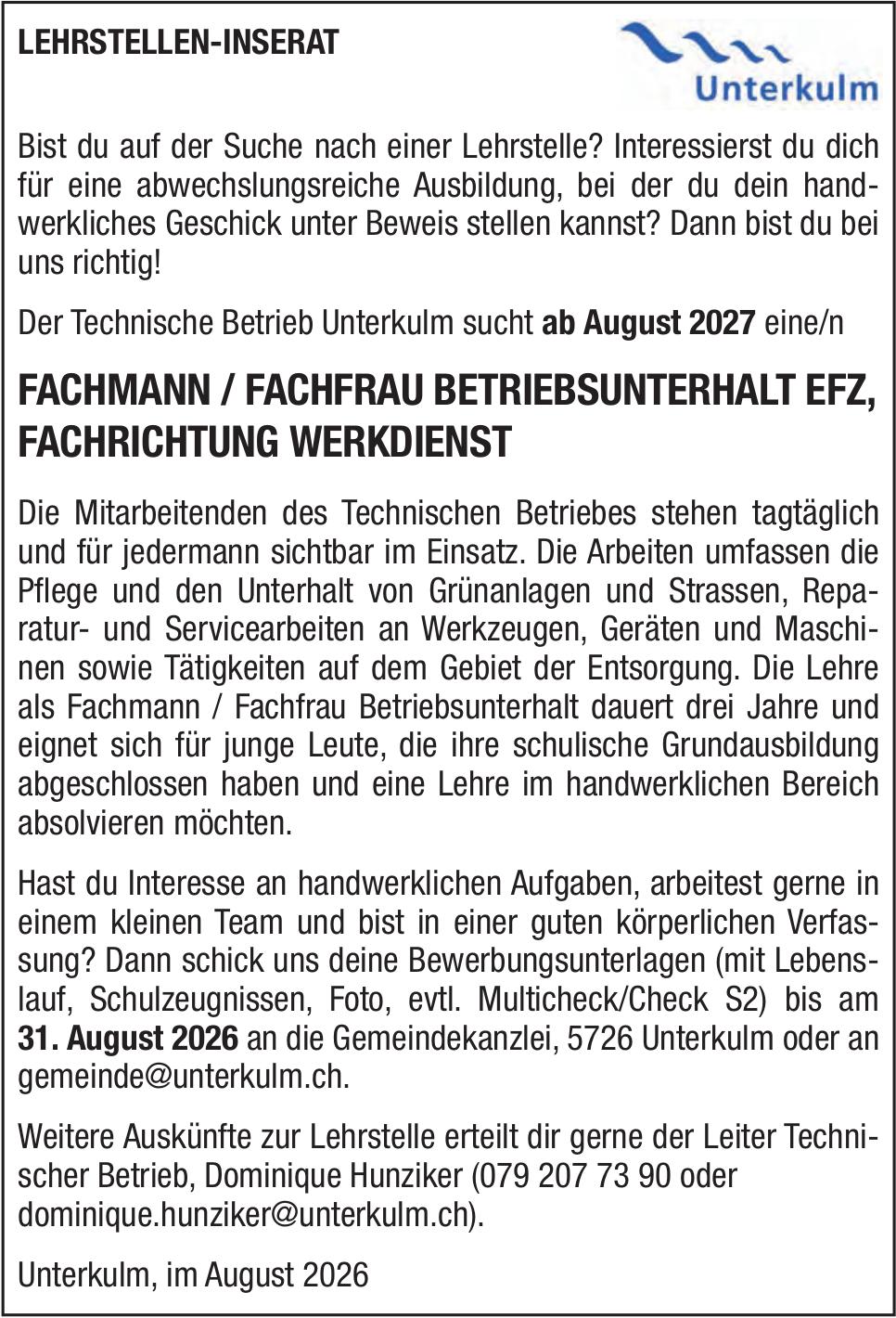 FACHMANN / FACHFRAU BETRIEBSUNTERHALT EFZ, FACHRICHTUNG WERKDIENST, Unterkulm, Gesucht