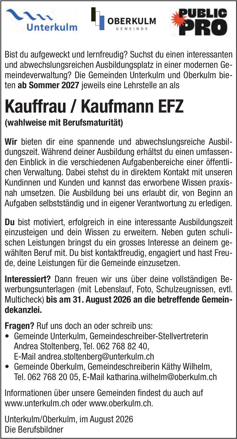 Kauffrau / Kaufmann EFZ, Gemeinde Unterkulm, Gesucht