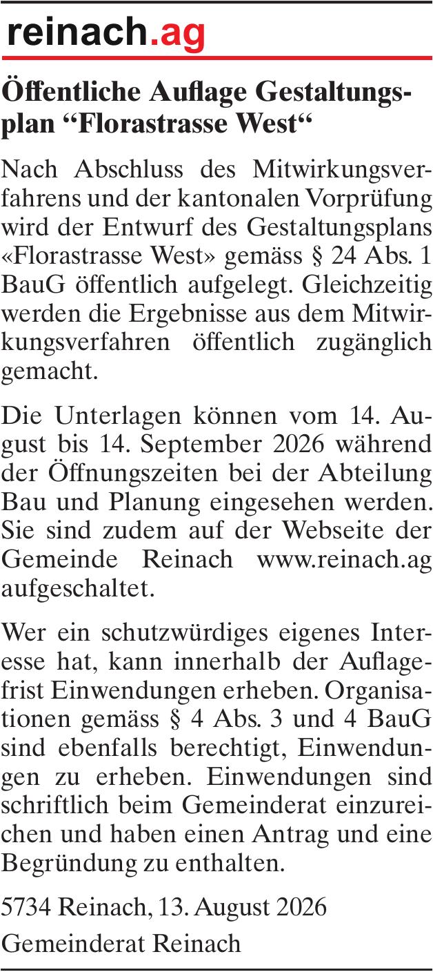 Lokale Gemeinschaft, Reinach - Gemeinderat Reinach, Öffentliche Auflage Gestaltungsplan “Florastrasse West“