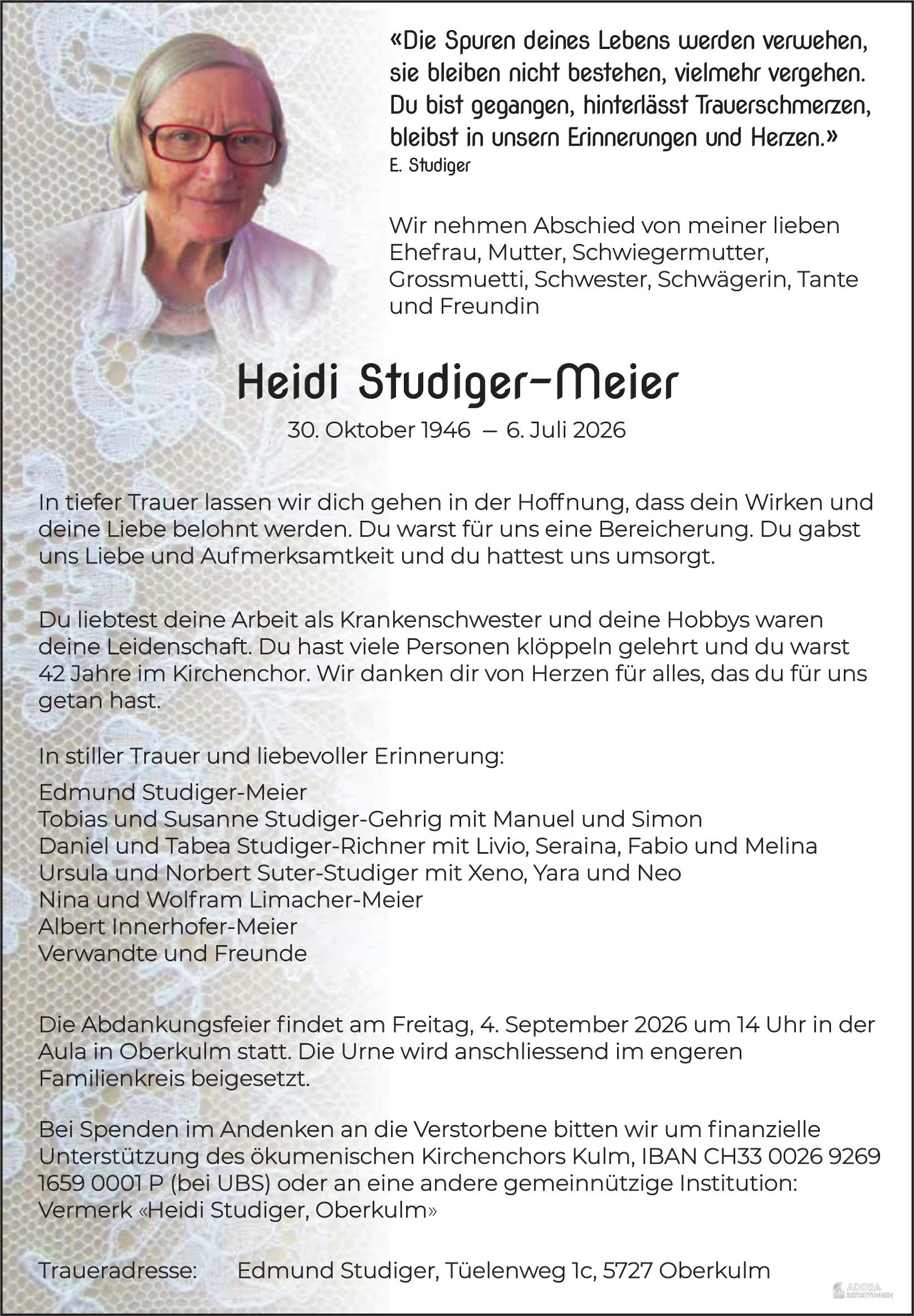 Studiger-Meier Heidi, Juli 2026 / TA