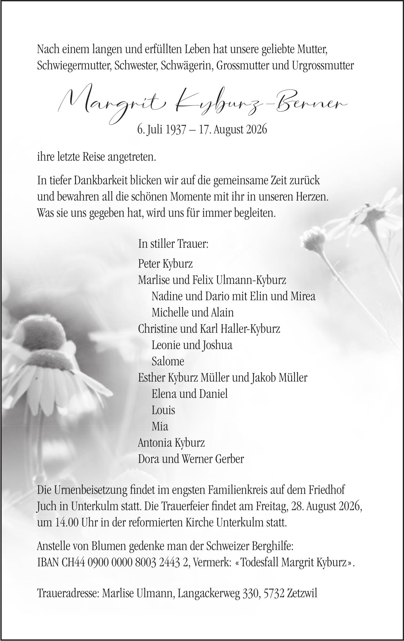 Kyburz-Berner Margrit, August 2026 / TA
