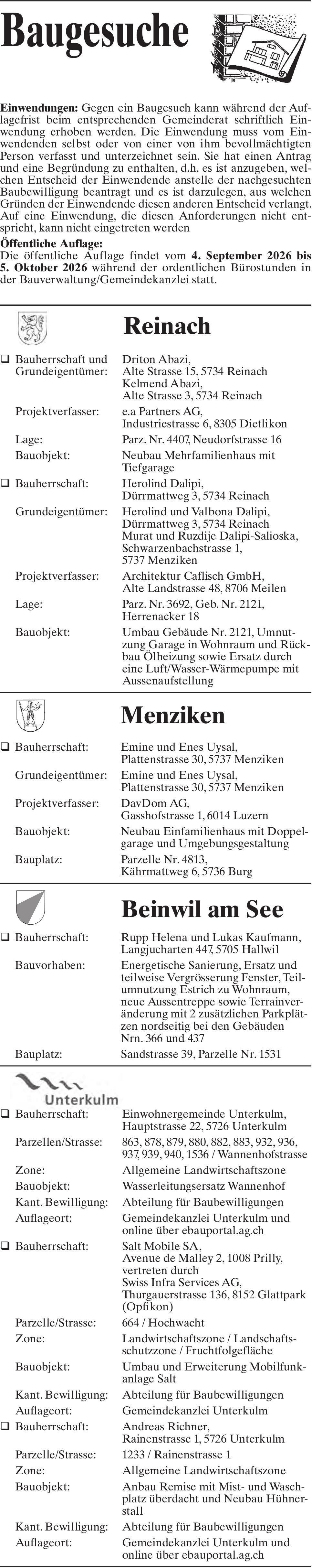Baugesuche, Reinach/ Menziken/ Beinwil am See/ Unterkulm
