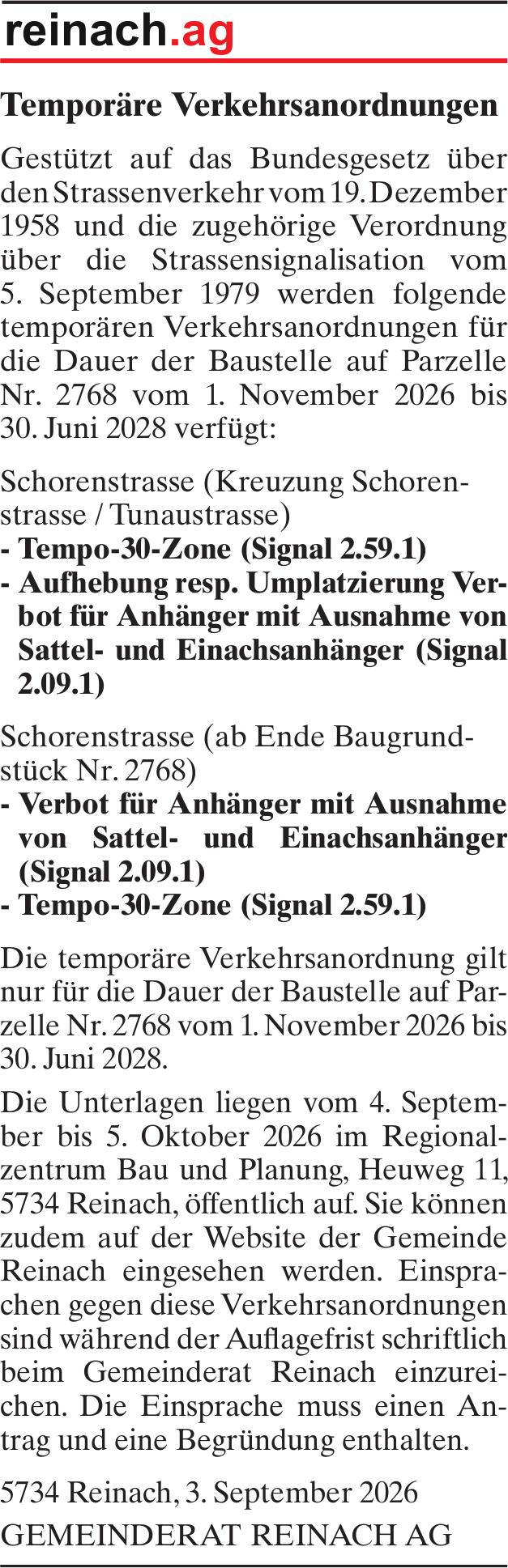 Verkehrsmaßnahmen / Wartungsarbeiten, Reinach - GEMEINDERAT REINACH AG, Temporäre Verkehrsanordnungen