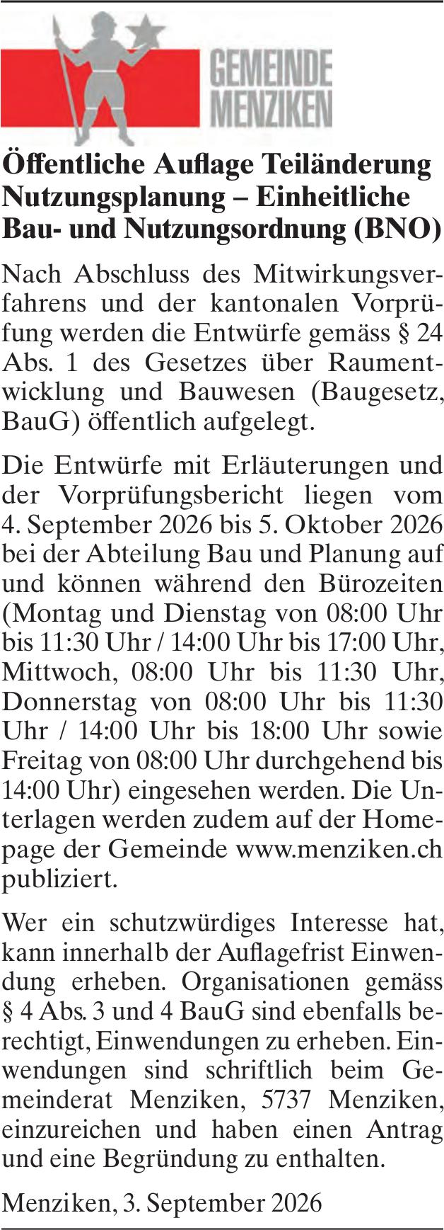 Lokale Gemeinschaft, Menziken - Gemeinde Menziken, Öffentliche Auflage Teiländerung Nutzungsplanung – Einheitliche Bau- und Nutzungsordnung (BNO)