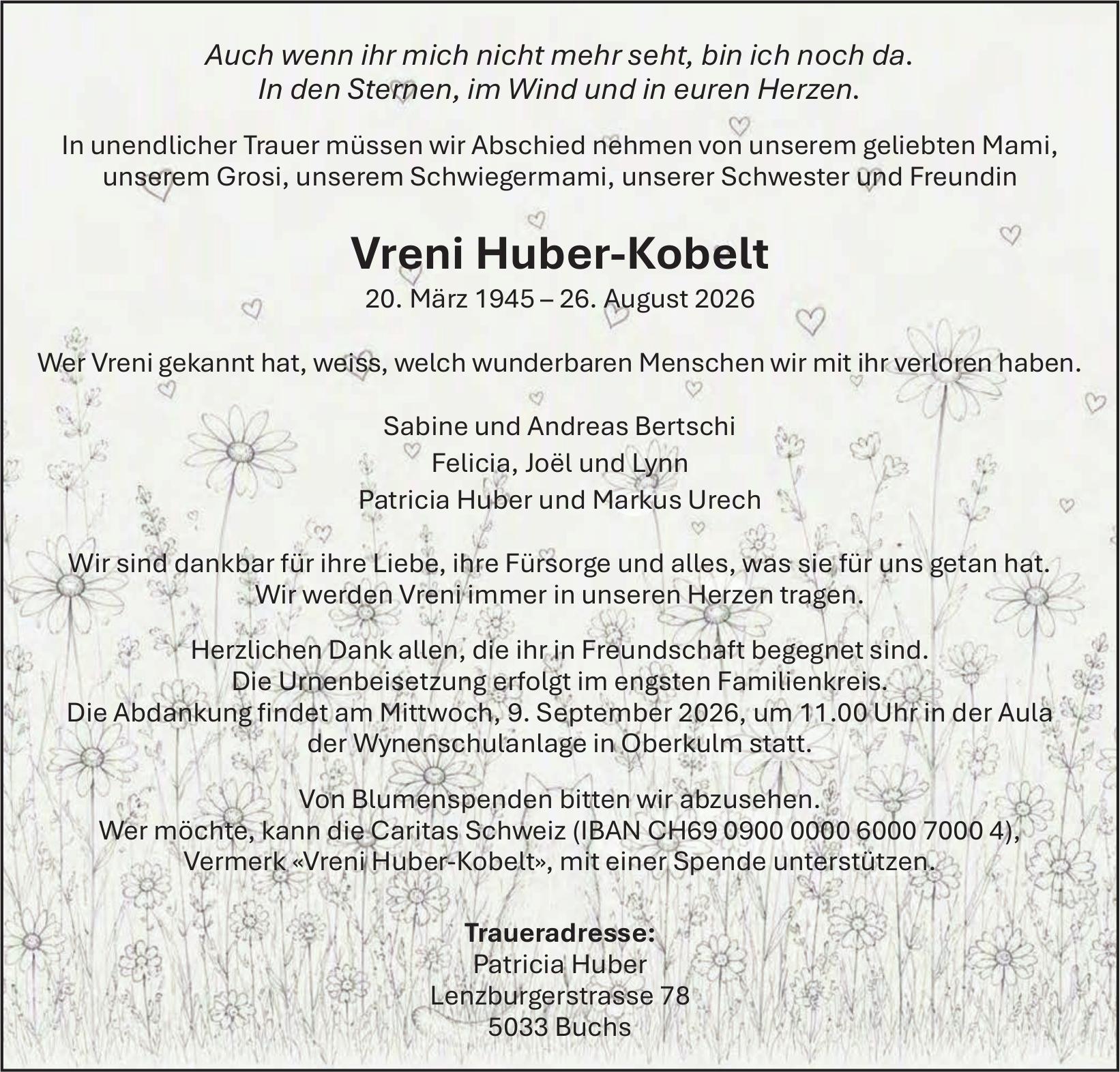 Huber-Kobelt Vreni, August 2026 / TA
