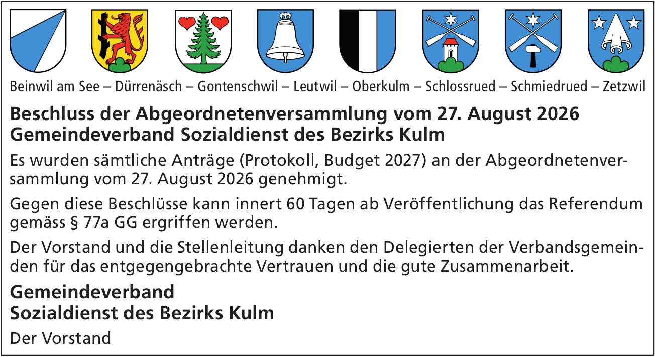 Lokale Gemeinschaft, Gemeindeverband Sozialdienst des Bezirks Kulm, Beschluss der Abgeordnetenversammlung vom 27. August 2026