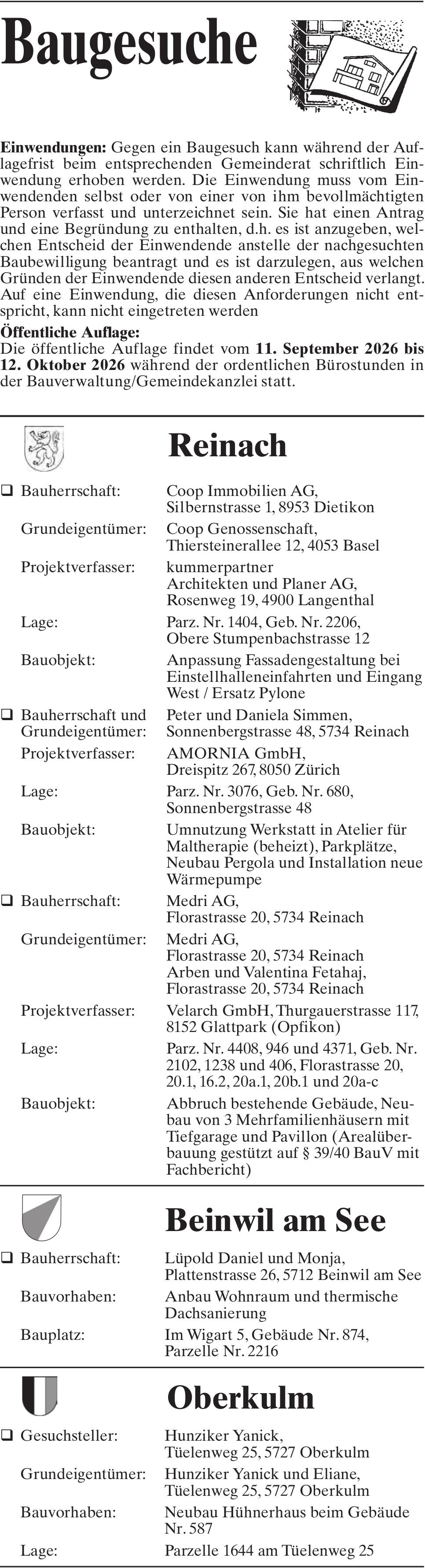 Baugesuche, Reinach/ Beinwil am See/ Oberkulm