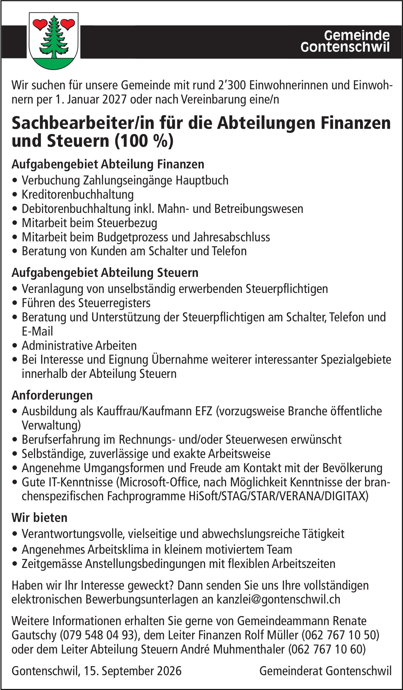 Sachbearbeiter/in für die Abteilungen Finanzen und Steuern (100 %), Gemeinde Gontenschwil, Gesucht