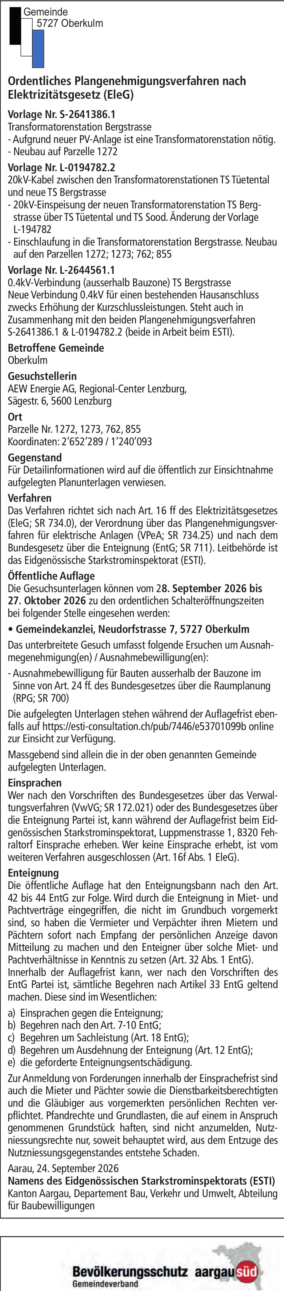 Gemeinde Oberkulm, Ordentliches Plangenehmigungsverfahren nach Elektrizitätsgesetz (EleG)