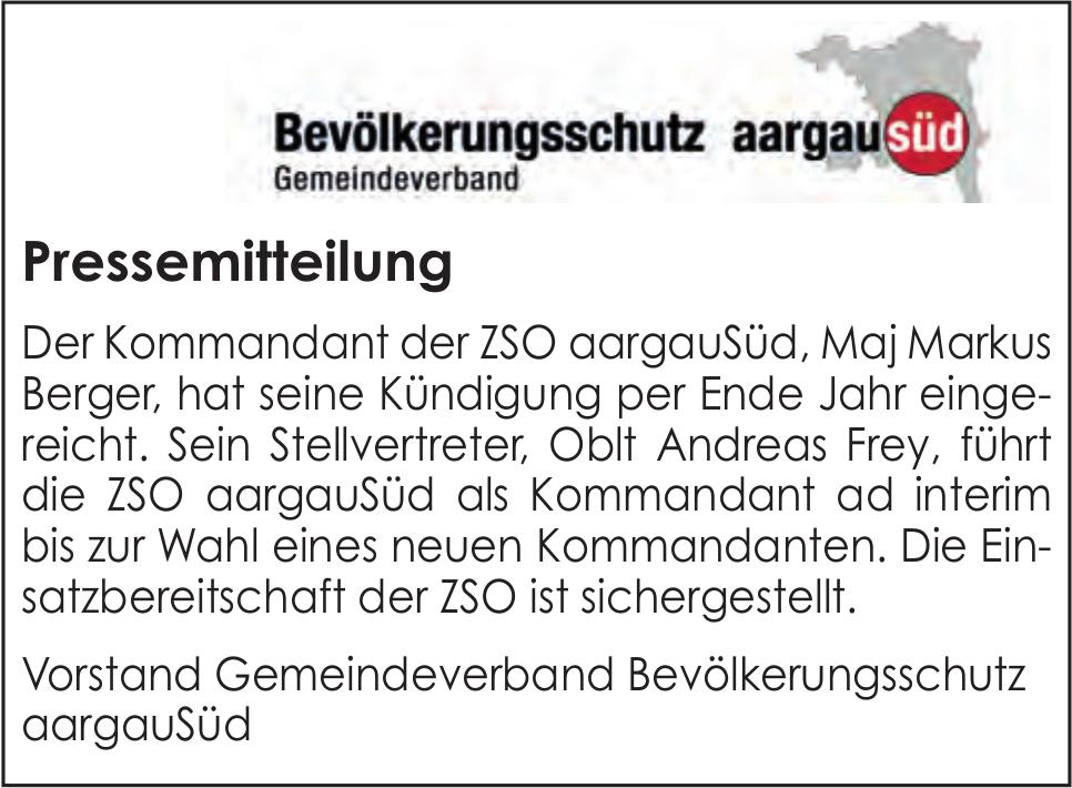 Lokale Gemeinschaft, Gemeindeverband Bevölkerungsschutz aargauSüd, Pressemitteilung