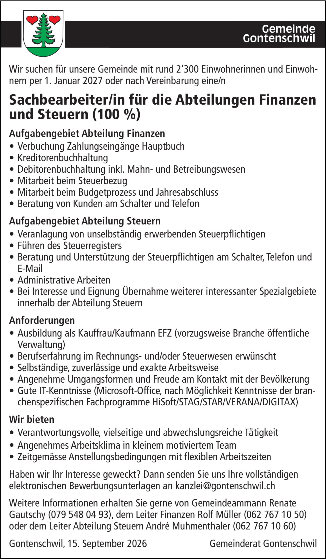 Sachbearbeiter/in für die Abteilungen Finanzen und Steuern (100 %), Gemeinde Gontenschwil, Gesucht