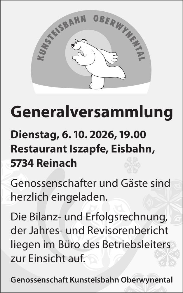 Generalversammlung, 6. Oktober, Restaurant Iszapfe, Eisbahn, Reinach