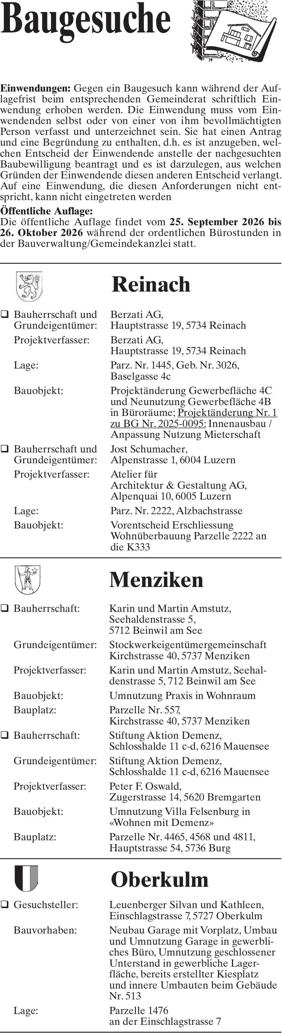 Baugesuche, Reinach/Menziken/Oberkulm