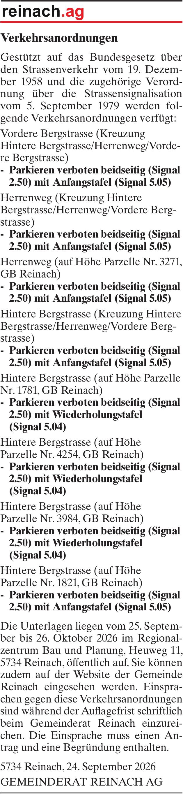 Verkehrsmassnahmen/ unterhaltsarbeiten, GEMEINDERAT REINACH AG, Verkehrsanordnungen
