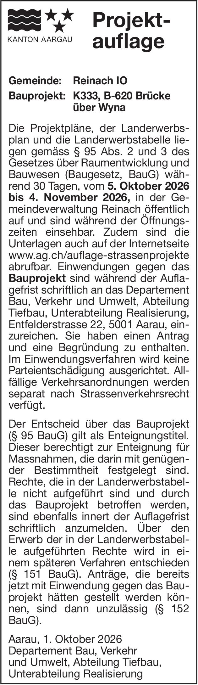 Baugesuche, Kanton Aargau, Projekt- auflage