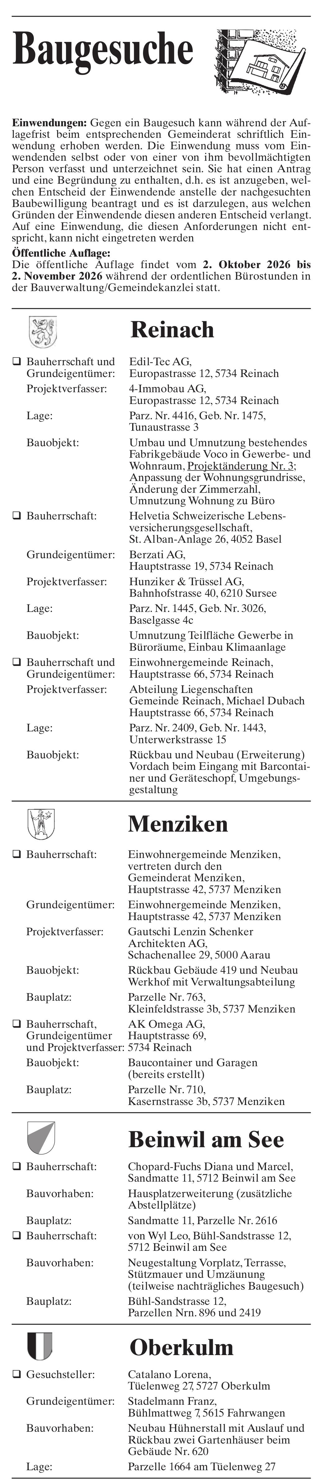 Baugesuche, Reinach/ Menziken/ Beinwil am See/Oberkulm