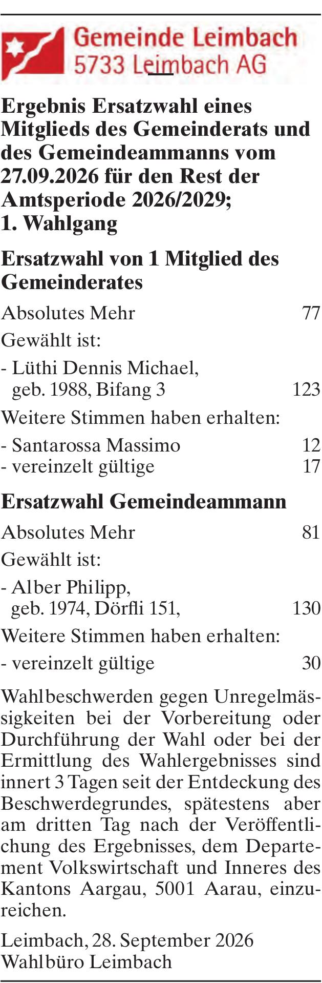 Wahlen & Abstimmungen, Aarau - Gemeinde Leimbach, Ergebnis Ersatzwahl eines Mitglieds des Gemeinderats und des Gemeindeammanns vom 27.09.2026 für den Rest der Amtsperiode 2026/2029; 1. Wahlgang