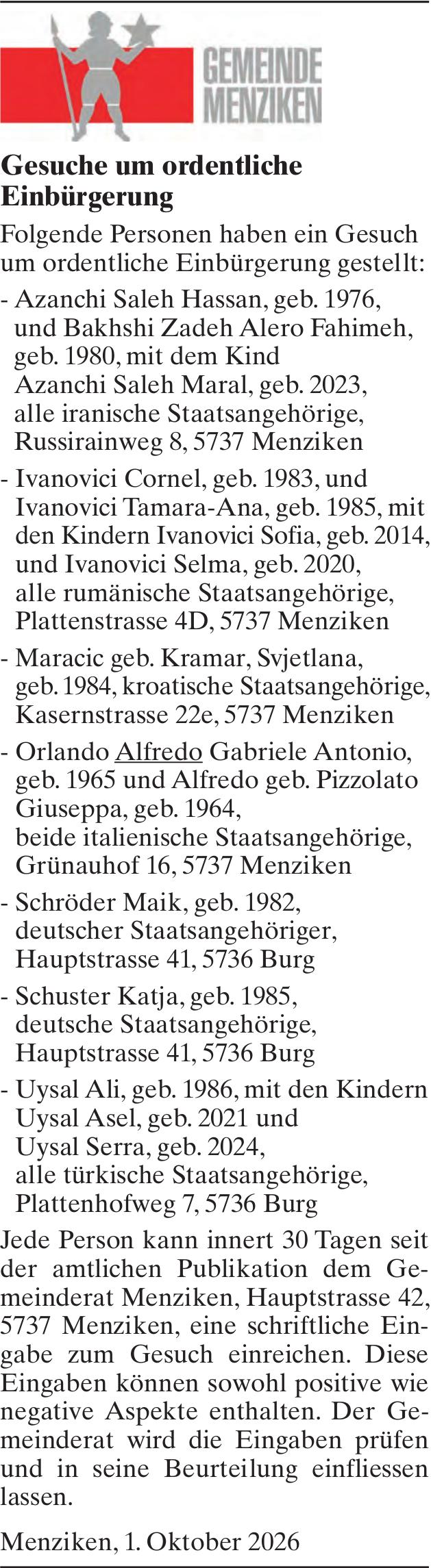 Sonstiges, Gemeinde Menziken, Gesuche um ordentliche Einbürgerung