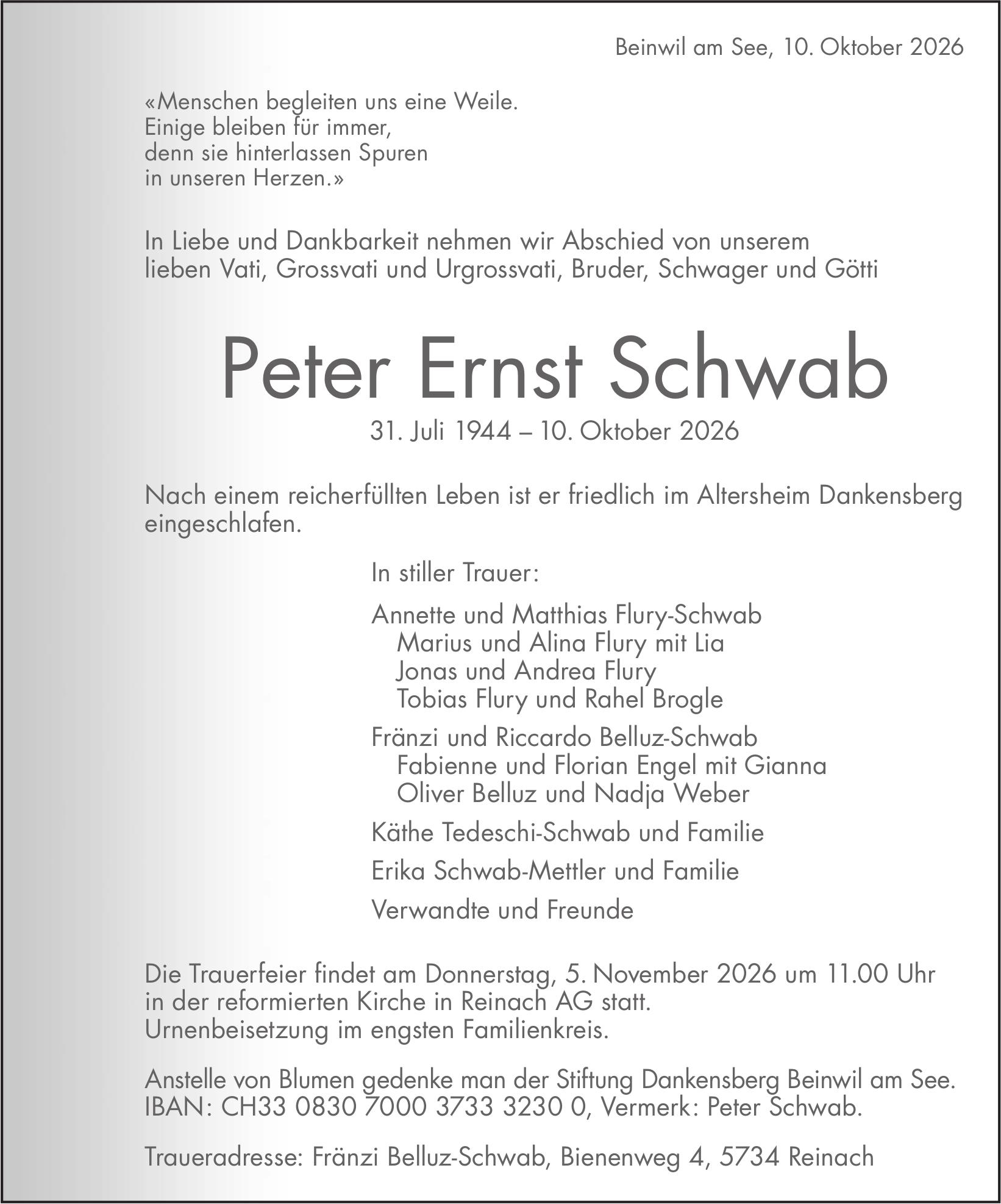 Schwab Peter Ernst, Oktober 2026 / TA